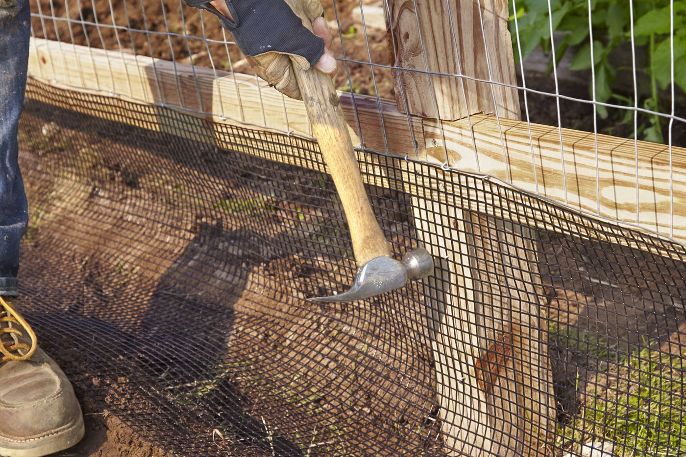 A man hammering fencing onto the lower portion of a garden fence.