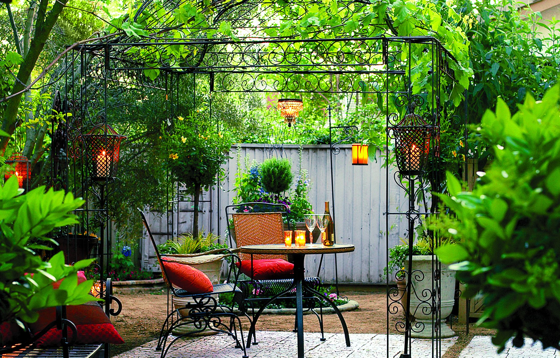 An air gazebo over an outdoor dining space.