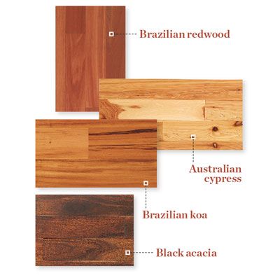 Examples of different colors and grain patterns of exotic hardwood flooring.