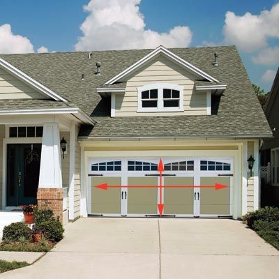 A double garage door with a graphic of red arrows overlayed to show the height and width of the door.