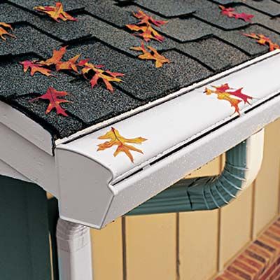 leaves sitting on top of a white gutter on the roof of a house.