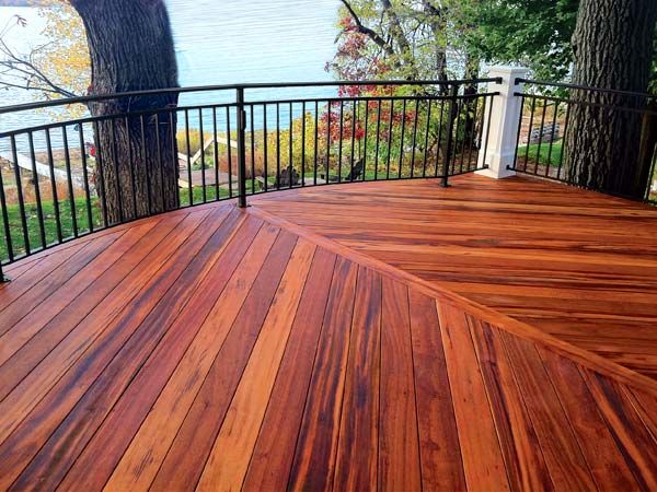 A hardwood deck with a diagonal pattern.