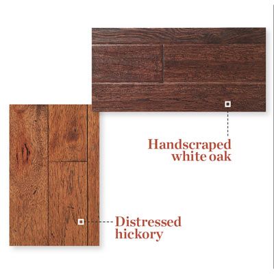 Examples of different colors and grain patterns of distressed hardwood flooring.