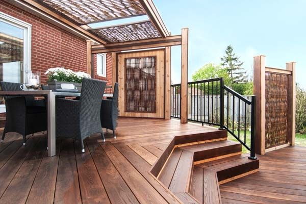 A hardwood deck with multiple levels.