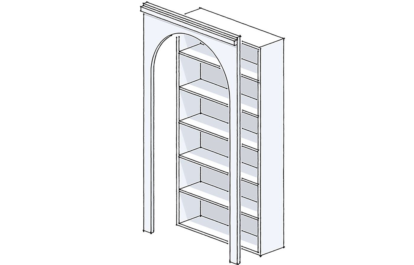 Illustration of solid-wood frames bookshelf edge treatment.