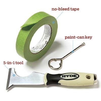 A labeled image including no bleed tape, a paint-can key, and a 5-in-1 tool.