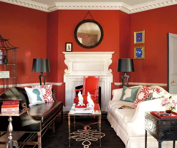 Eclectic saffron walls using the patriot's color scheme.