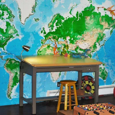 Study space with a map as the backdrop.