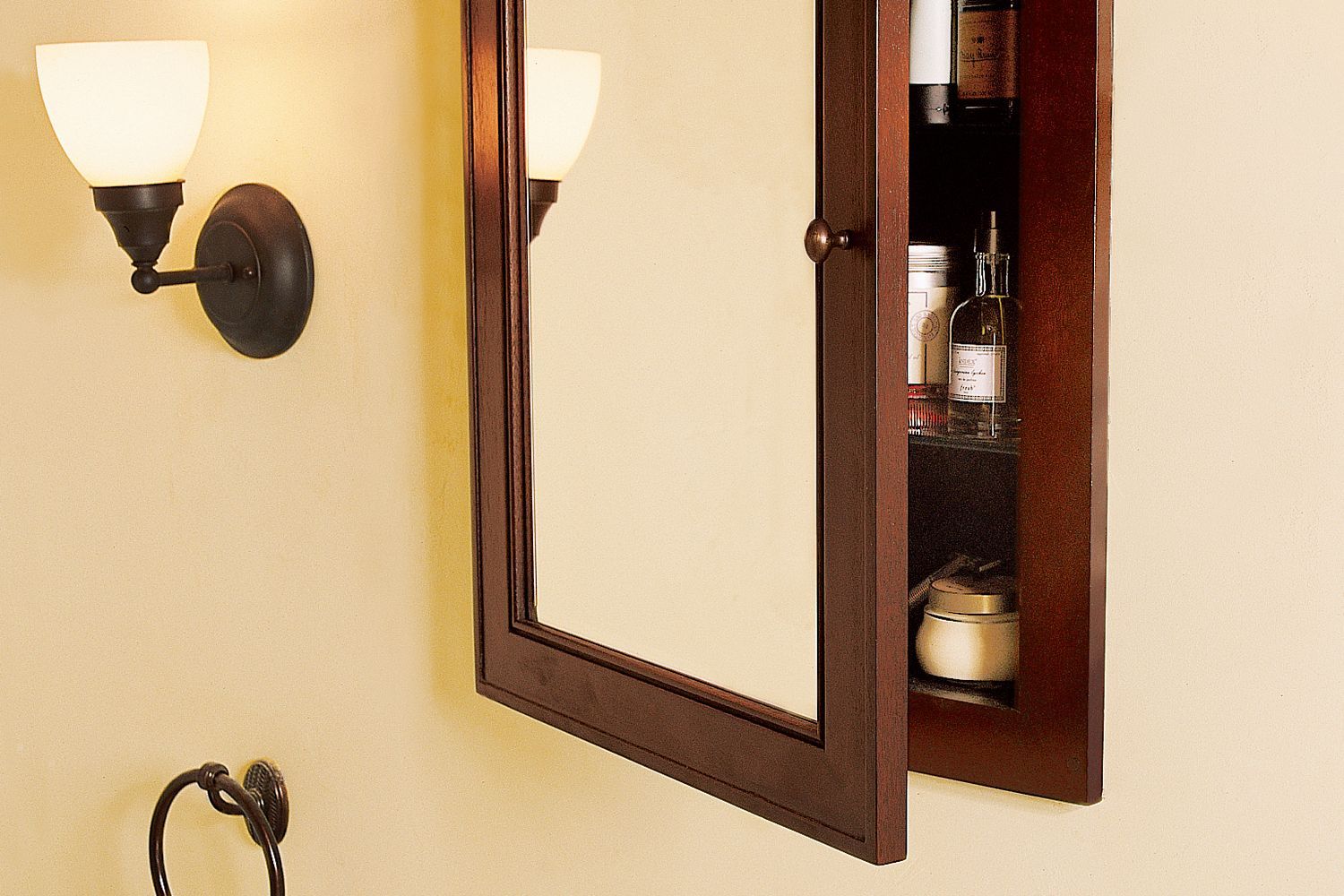 a finished medicine cabinet installed in a bathroom
