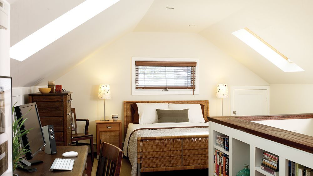 A finished attic made into a bedroom.