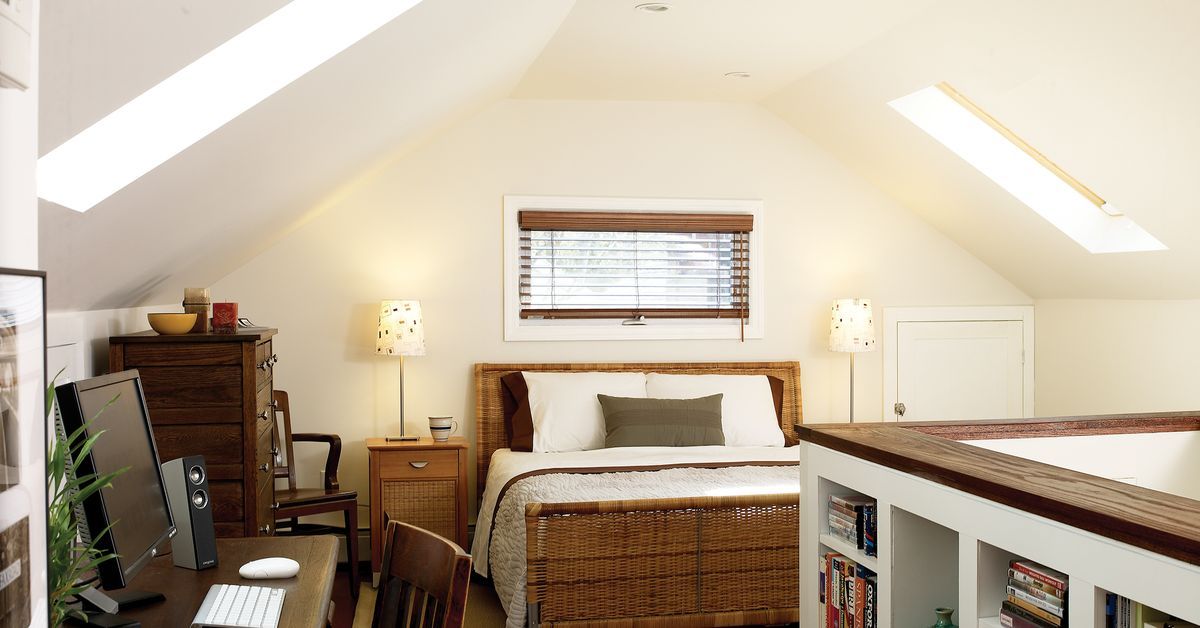 A finished attic made into a bedroom.