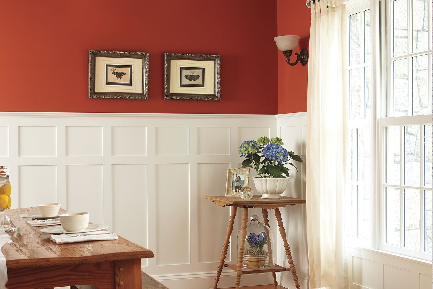 A dog sitting in the corner of a room beside the wainscotting that lines the walls.