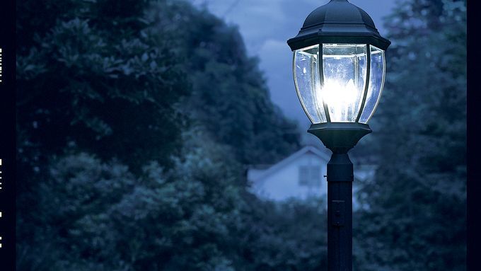 A lamppost installed in the grass shining on a dark night.