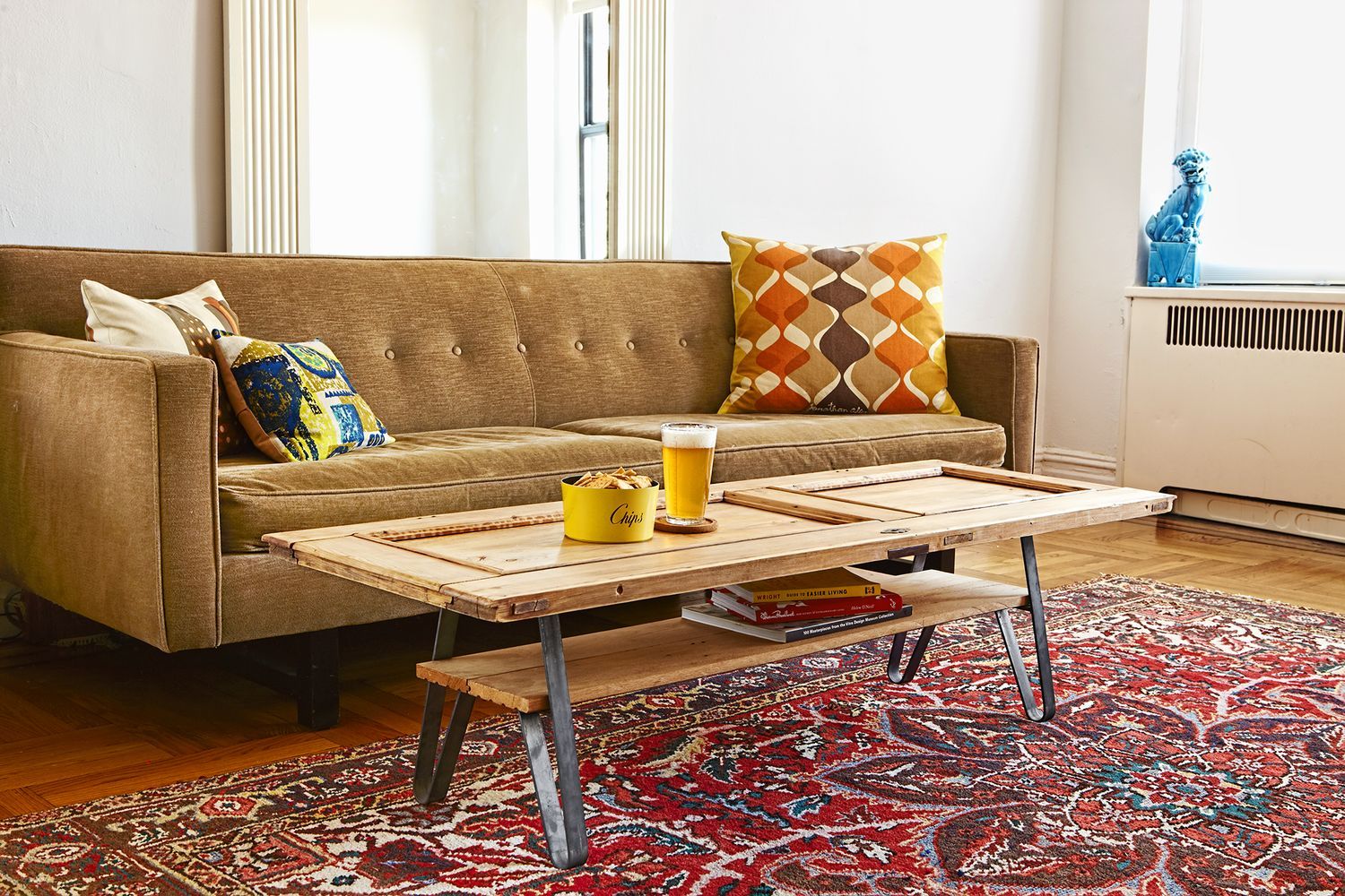 A coffee table made from a salvaged cabinet door.