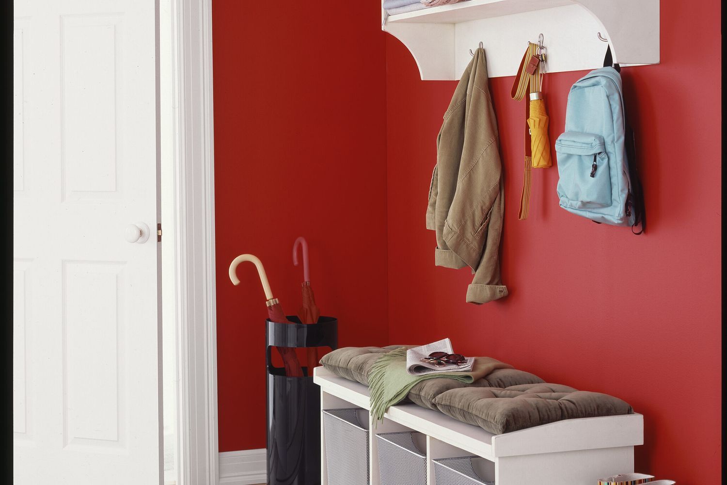 Entry way with a wall cubby shelf.