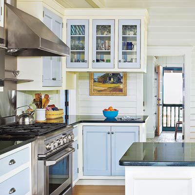 White and Aqua Kitchen  Diy kitchen renovation, Cottages and bungalows,  Beach house kitchens