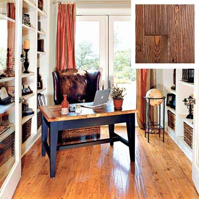 Room with distressed heart pine style hardwood floors.