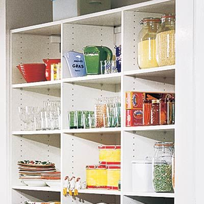 shelves within a pantry that hold all necessary kitchen items