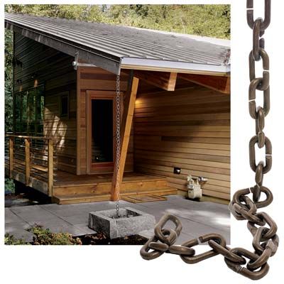 An image of a rain chain hanging from the gutter of a home