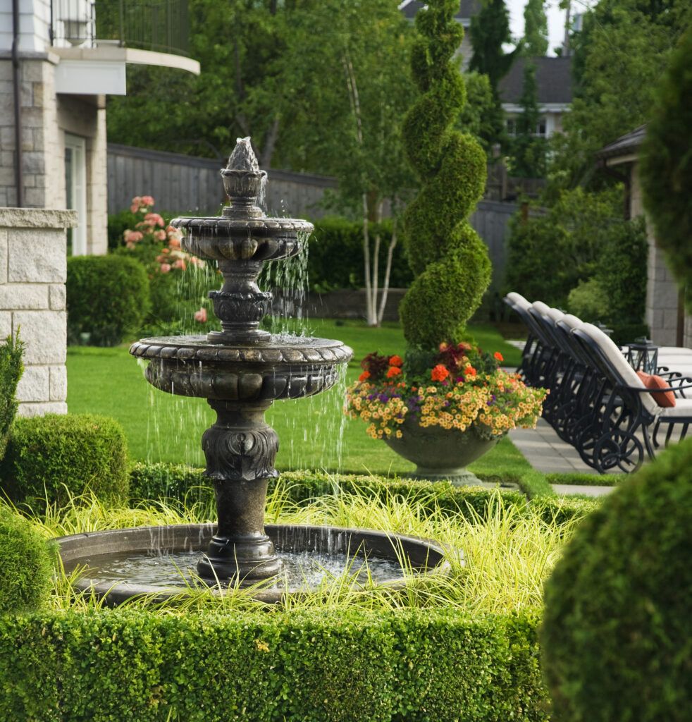 An image of fountains in the backyard.