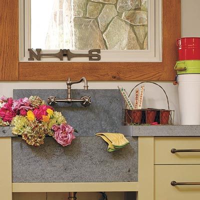 a rustic sink and counter