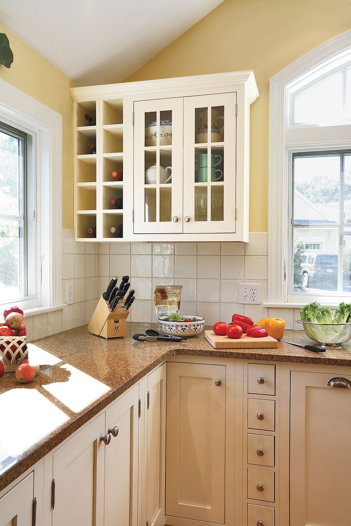 Semi-custom wall wine rack kitchen cabinet in painted maple