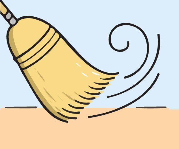 A drawing of a broom being used to sweep a wood surface.