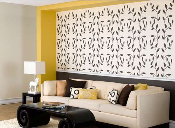 An accent wall created using large-scale stencils and paint.