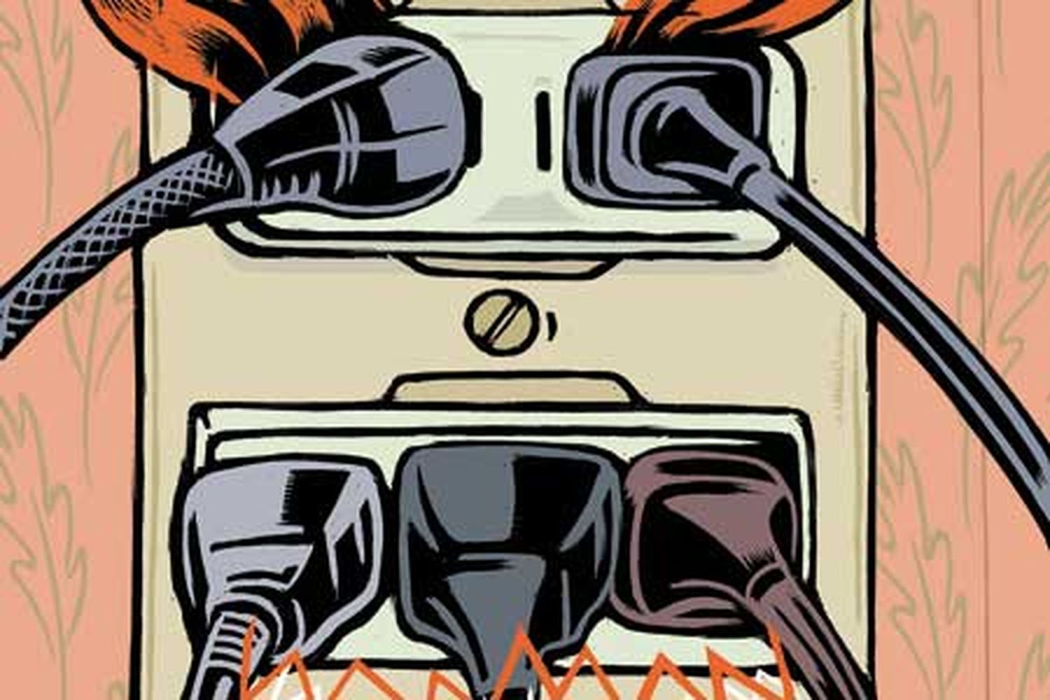 an illustration of an overloaded electrical outlet about to start a fire