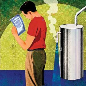 Illustration of a man reading the warranty manual for a water heater.