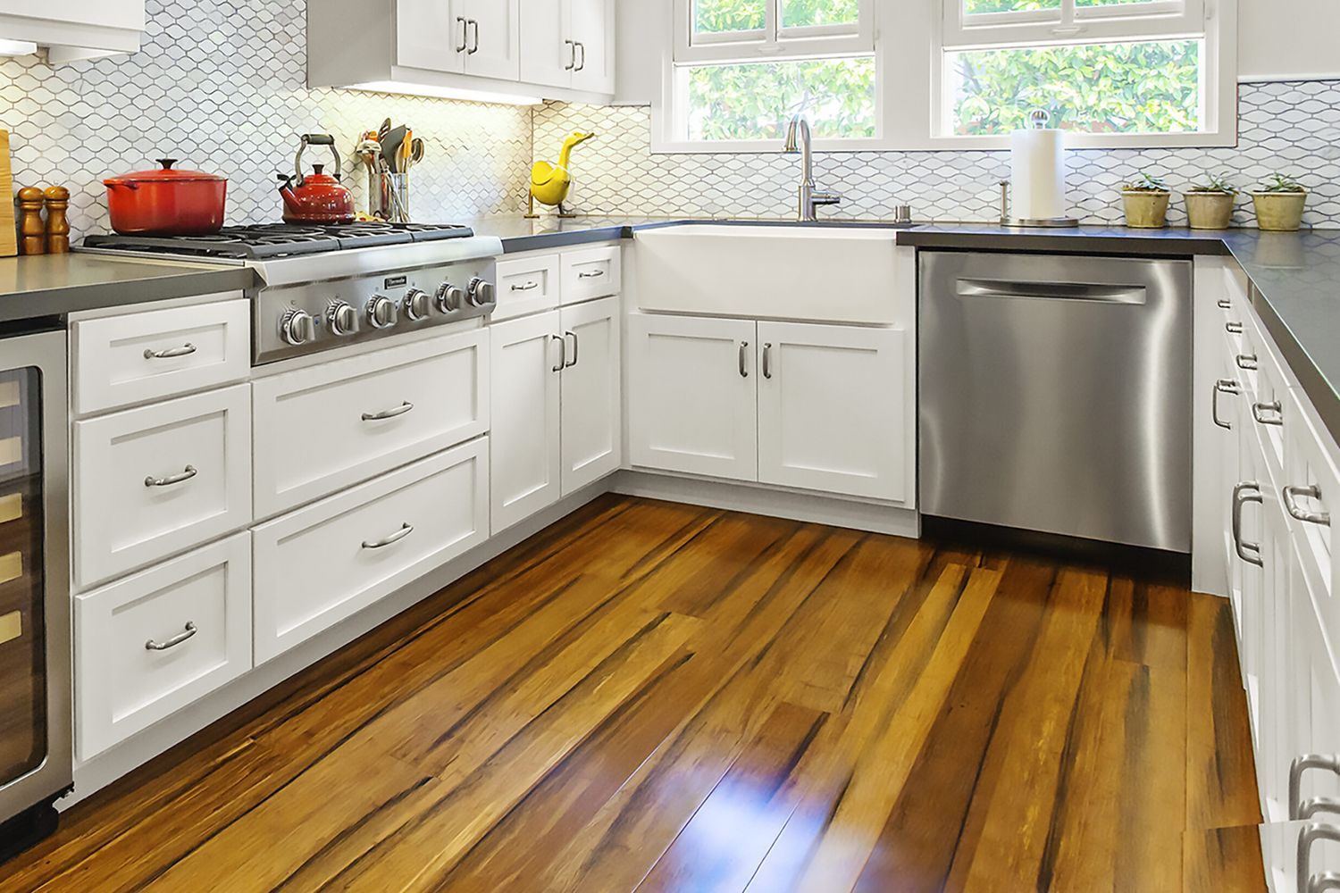Bamboo flooring with a rich blend of colors in a kitchen.