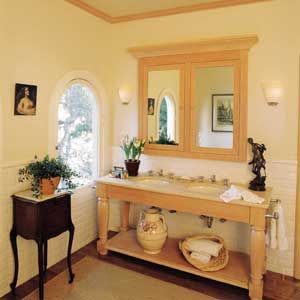 A bathroom with a double-sink vanity.