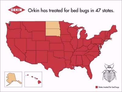 A map of the US showing where Orkin has treated bedbugs.