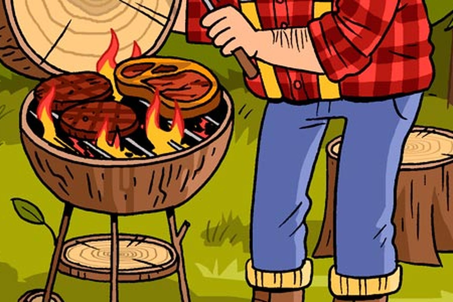 A cartoon style drawing of a man grilling steaks in the woods.