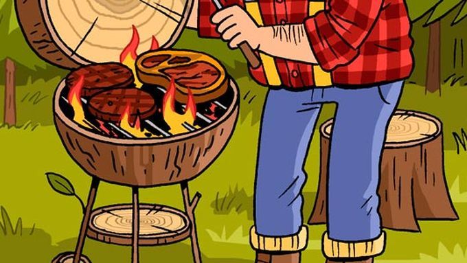 A cartoon style drawing of a man grilling steaks in the woods.