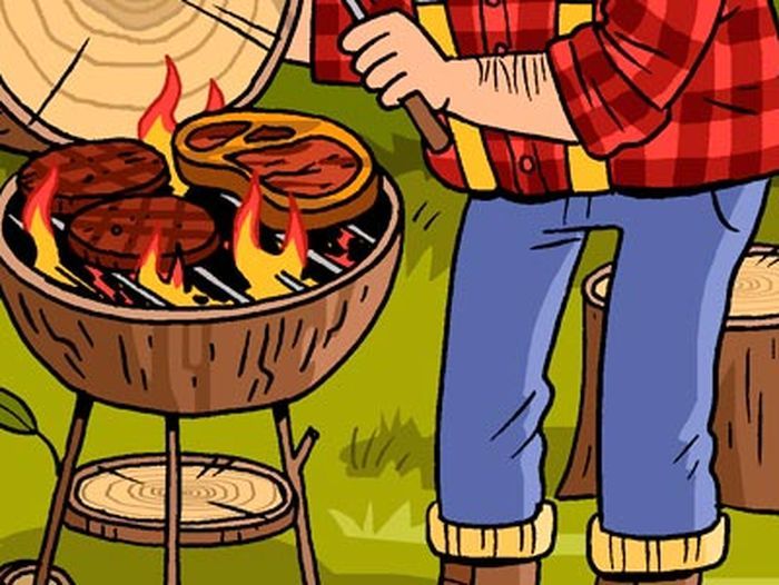 A cartoon style drawing of a man grilling steaks in the woods.