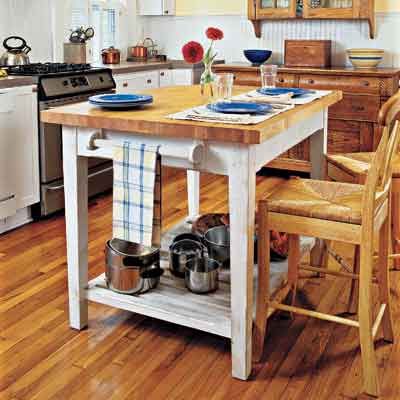 A kitchen with a butcher block island.