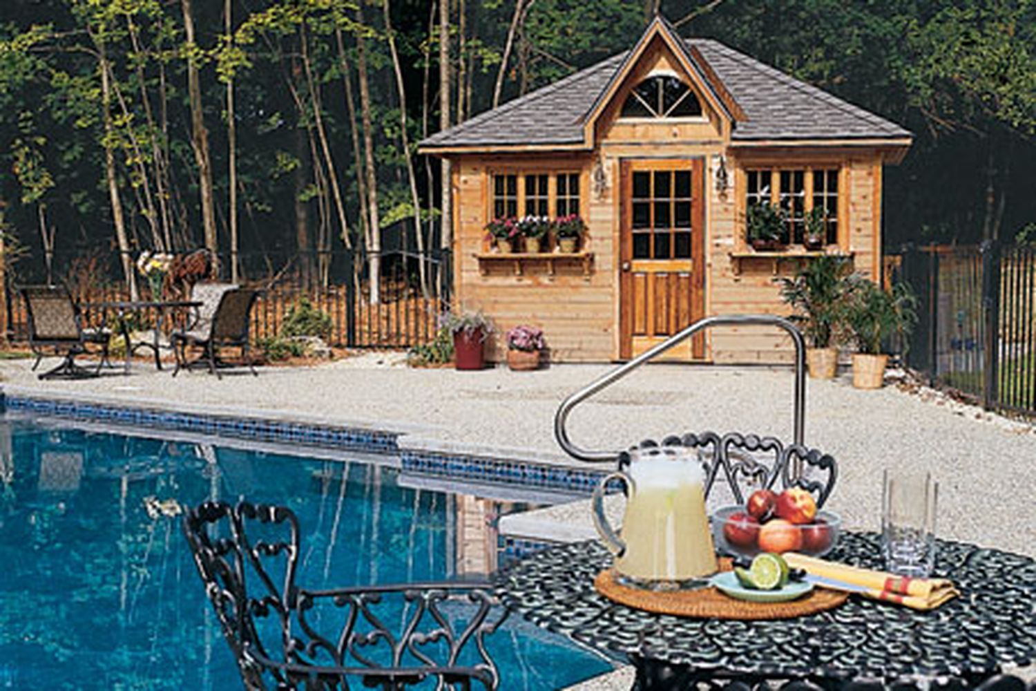 A cabana by an outdoor pool.