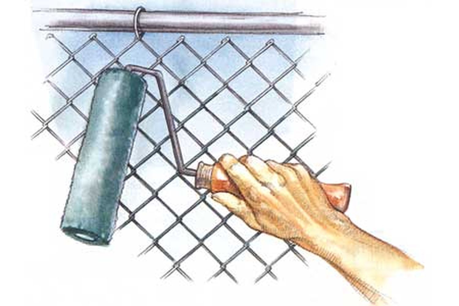 Illustration of a paint roller being used to paint a chain link fence.