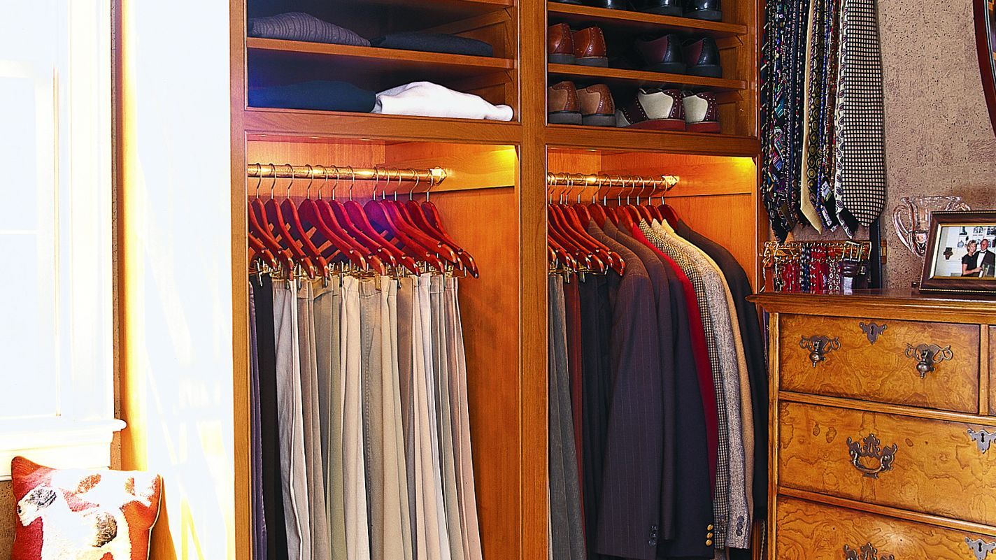 Closet with a smart organized design.