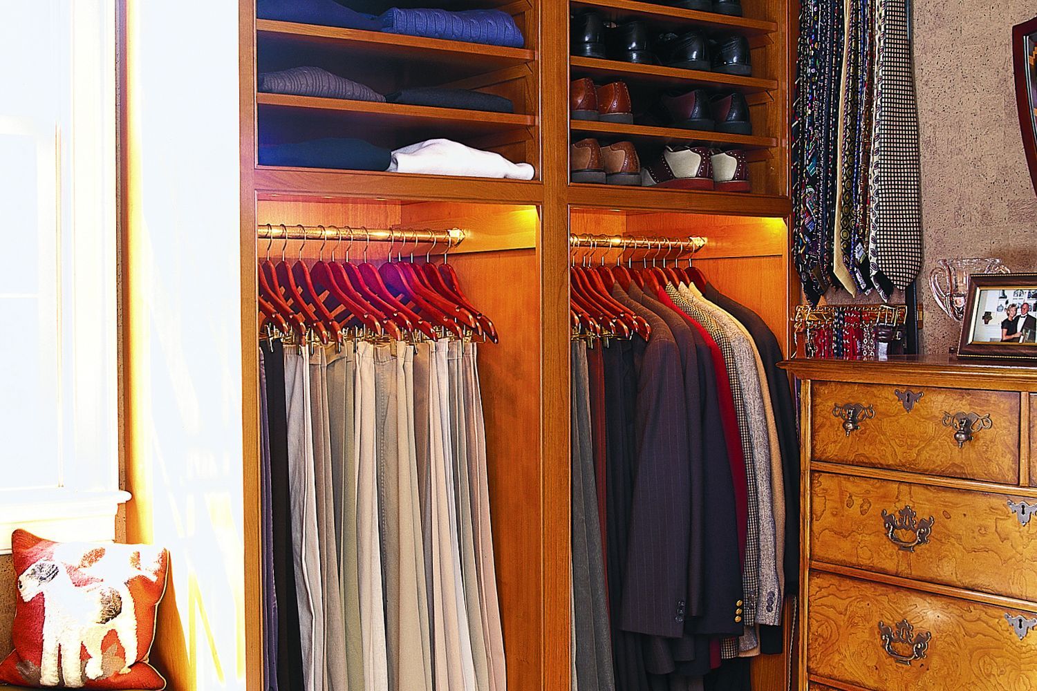 Closet with a smart organized design.