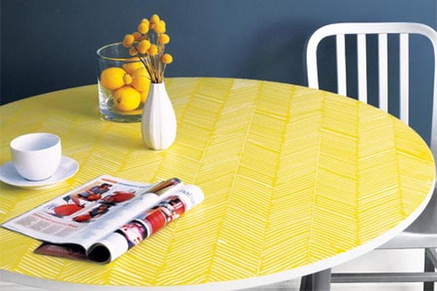 A table with a yellow herringbone pattern.