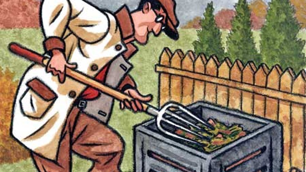 An illustration of a man using a pitchfork for composting.