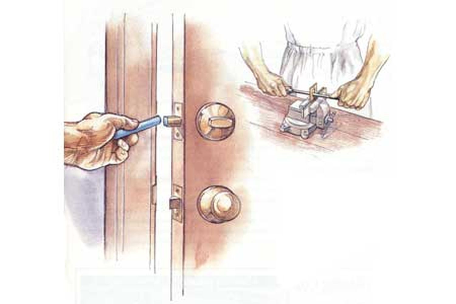 A diagram showing the process of repairing a deadbolt.