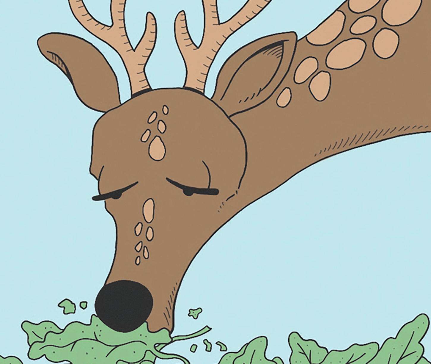 An illustration of a deer eating a garden plant.