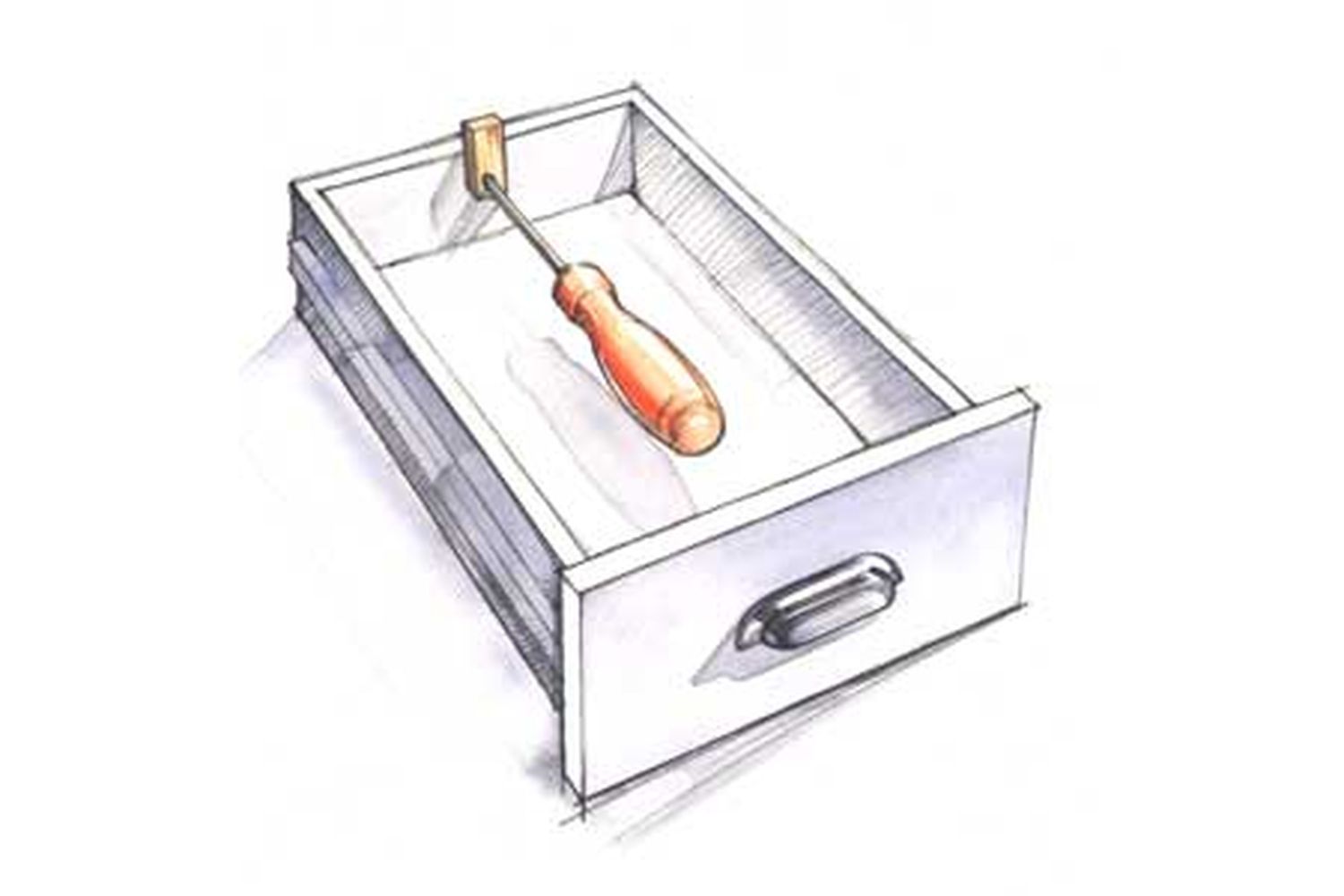 A falling drawer being fixed with a screw driver.