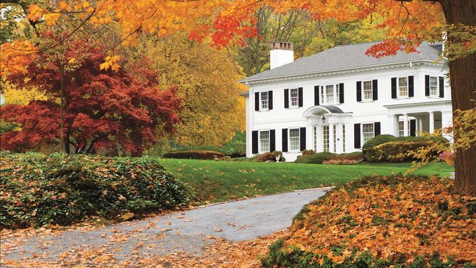 Fall tree in front of a house