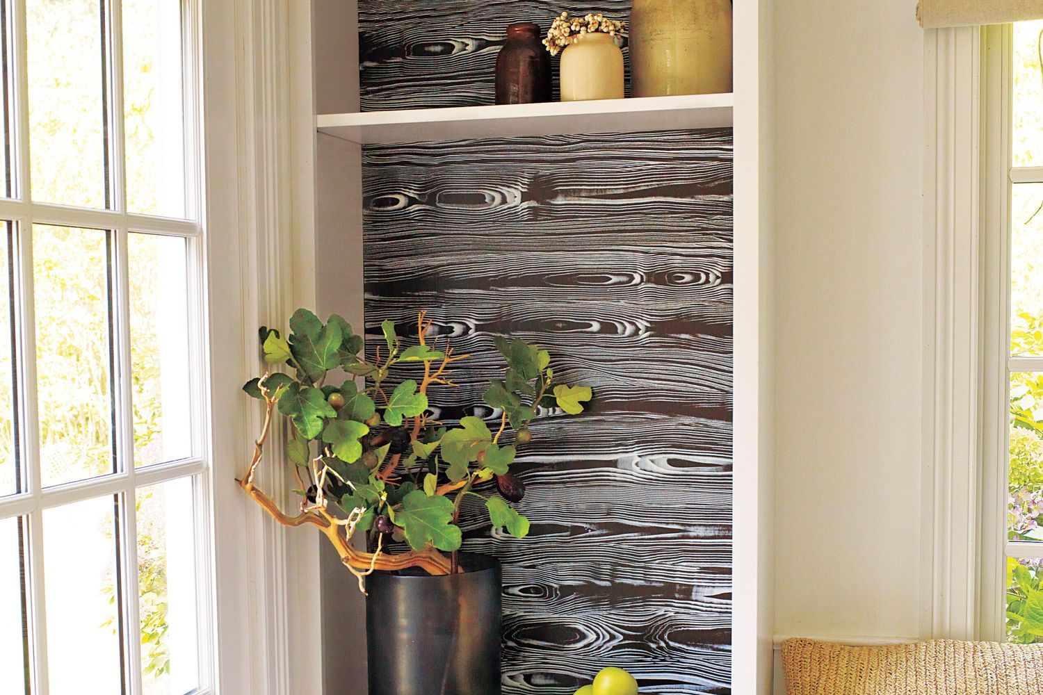 Image of a decorative wall with a faux wood grain effect.