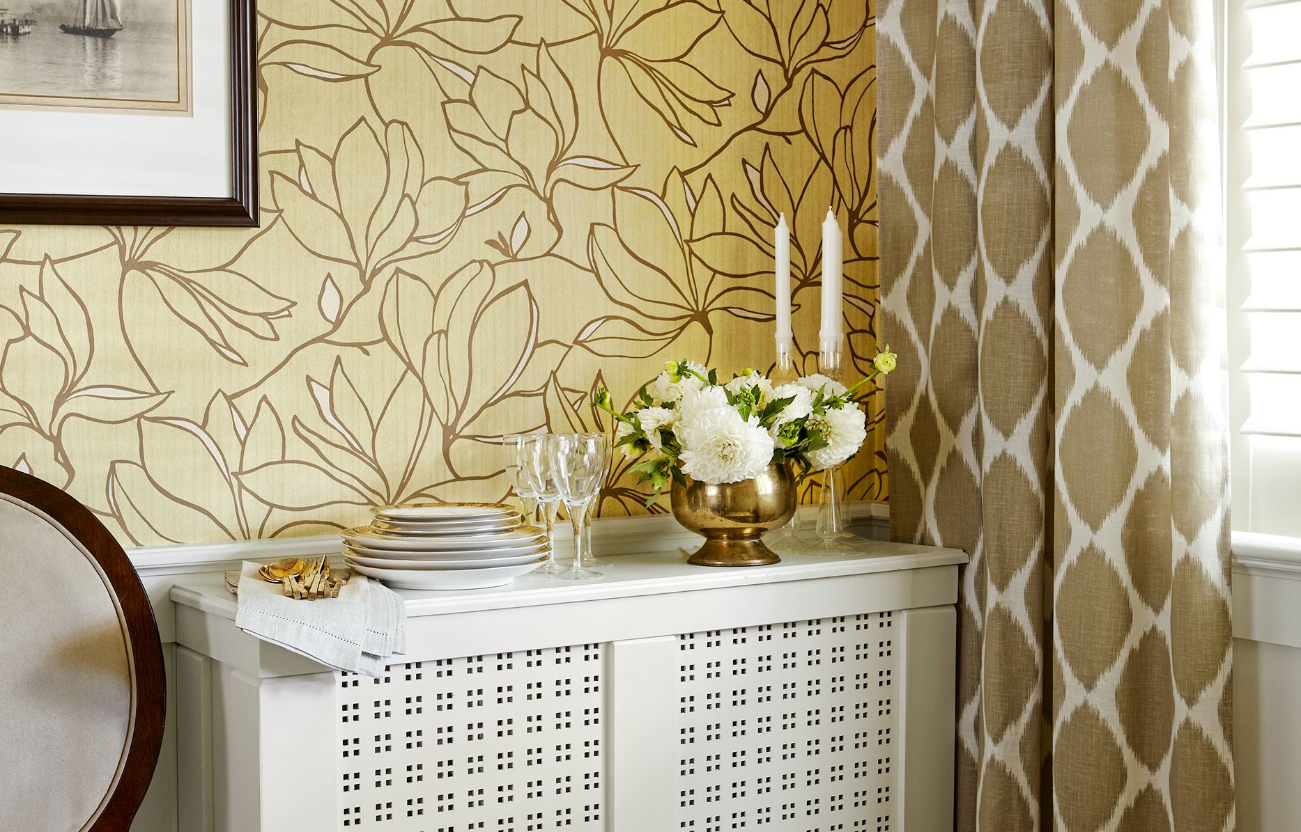 A serving buffet on the dining room radiator.