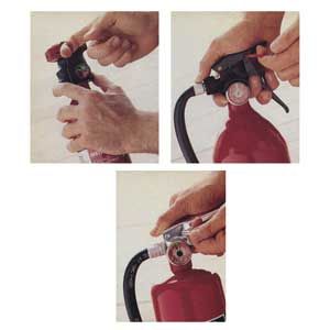 Three images showing how to pull that safety lock pin on different styles of fire extinguishers.